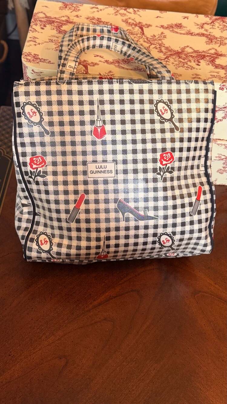 Lulu Guinness Black and White Gingham Print Makeup Icon Tote Bag